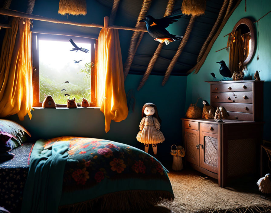 Colorful Decor and Doll in Whimsical Room with Birds and Rural View