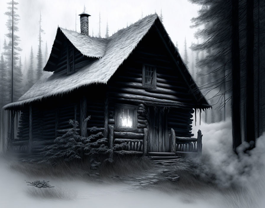 Monochrome image of cabin in dense forest with smoke and glowing window