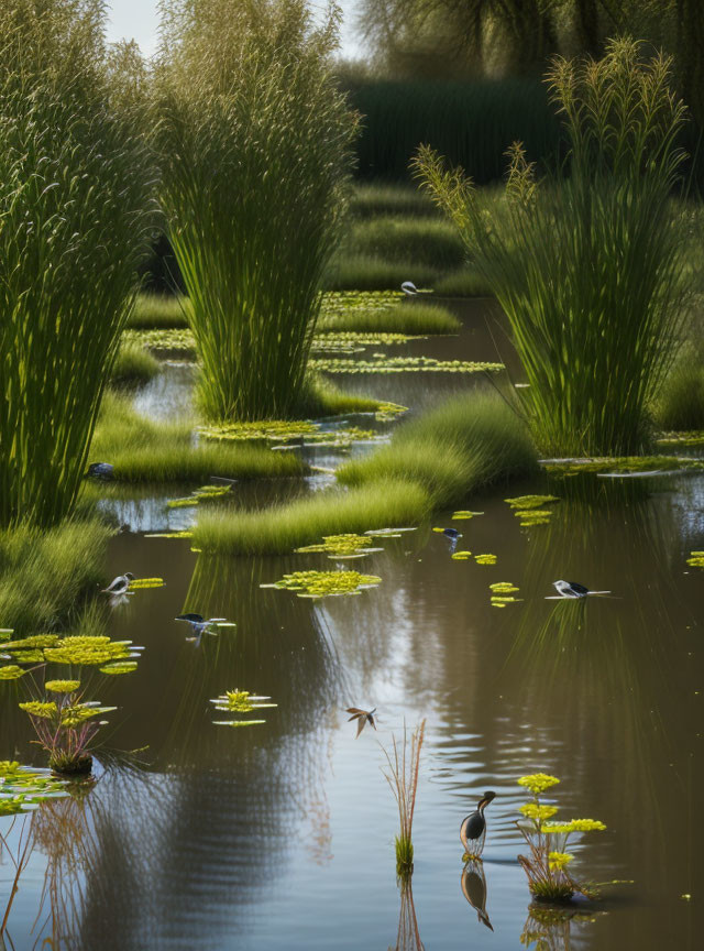 Tranquil marshland: tall grasses, floating greenery, birds, reflective water.