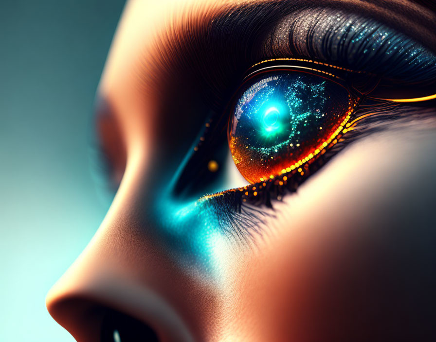 Detailed close-up: Woman's eye reflects galaxy, vibrant makeup.