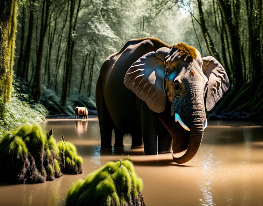 Tranquil elephant in lush green river scene