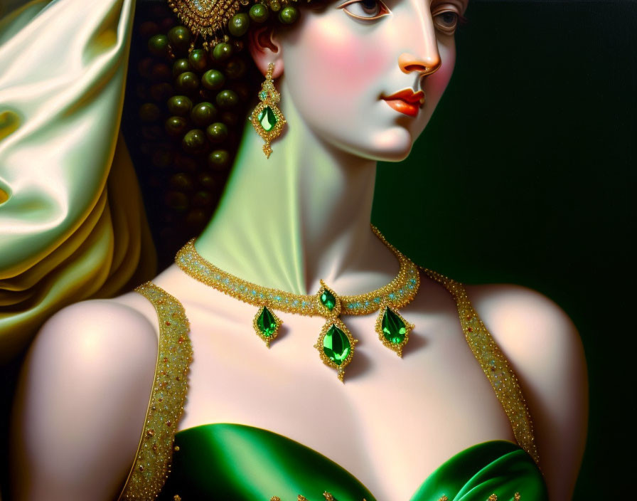 Detailed Hyper-Realistic Portrait of Woman in Green Jewelry and Regal Yellow Robe