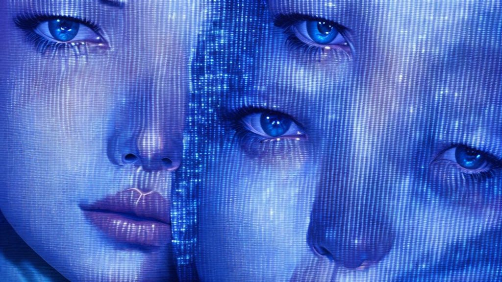 Digital artwork: Overlapping blue faces with prominent eyes and glitch effect