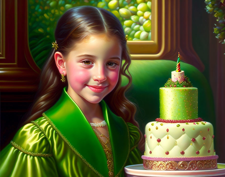 Young girl in green dress with birthday cake.