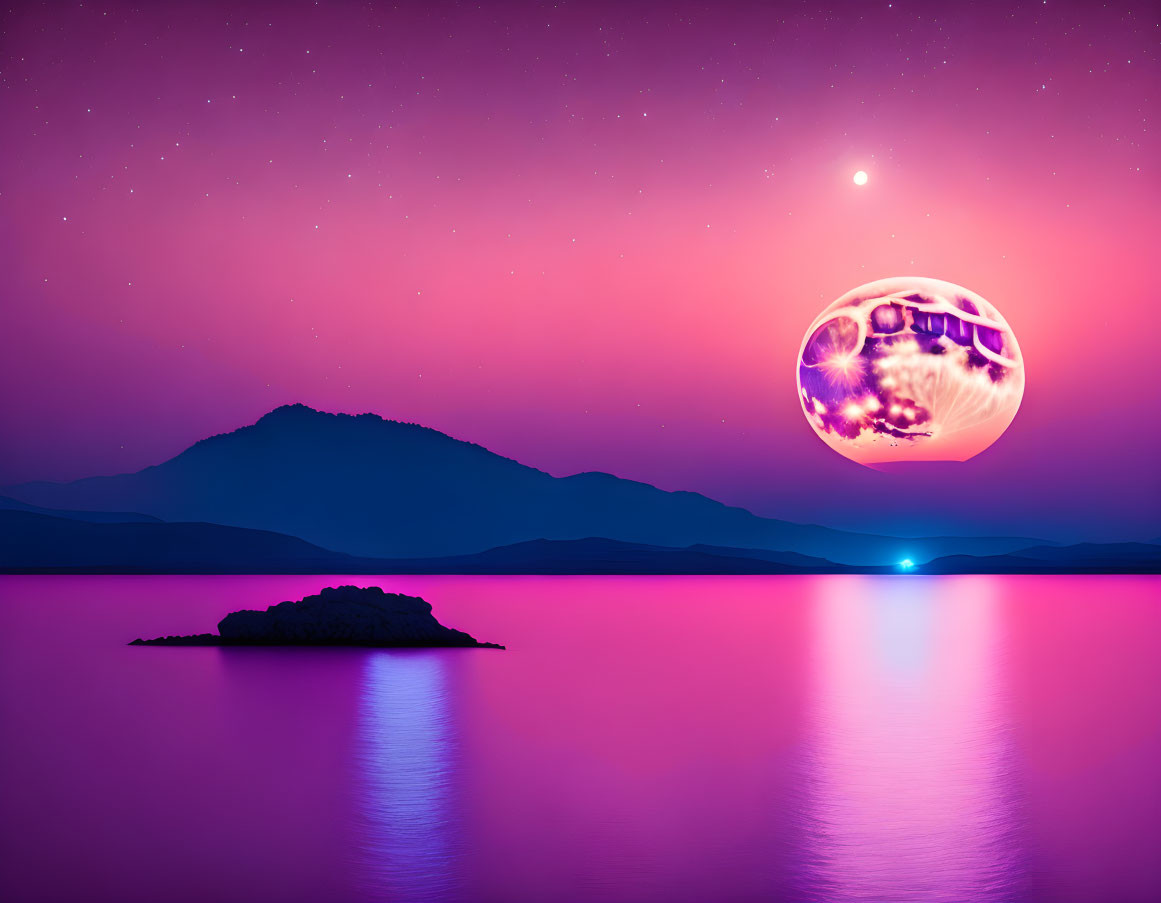 Surreal purple landscape with oversized moon, tranquil sea, and starry sky