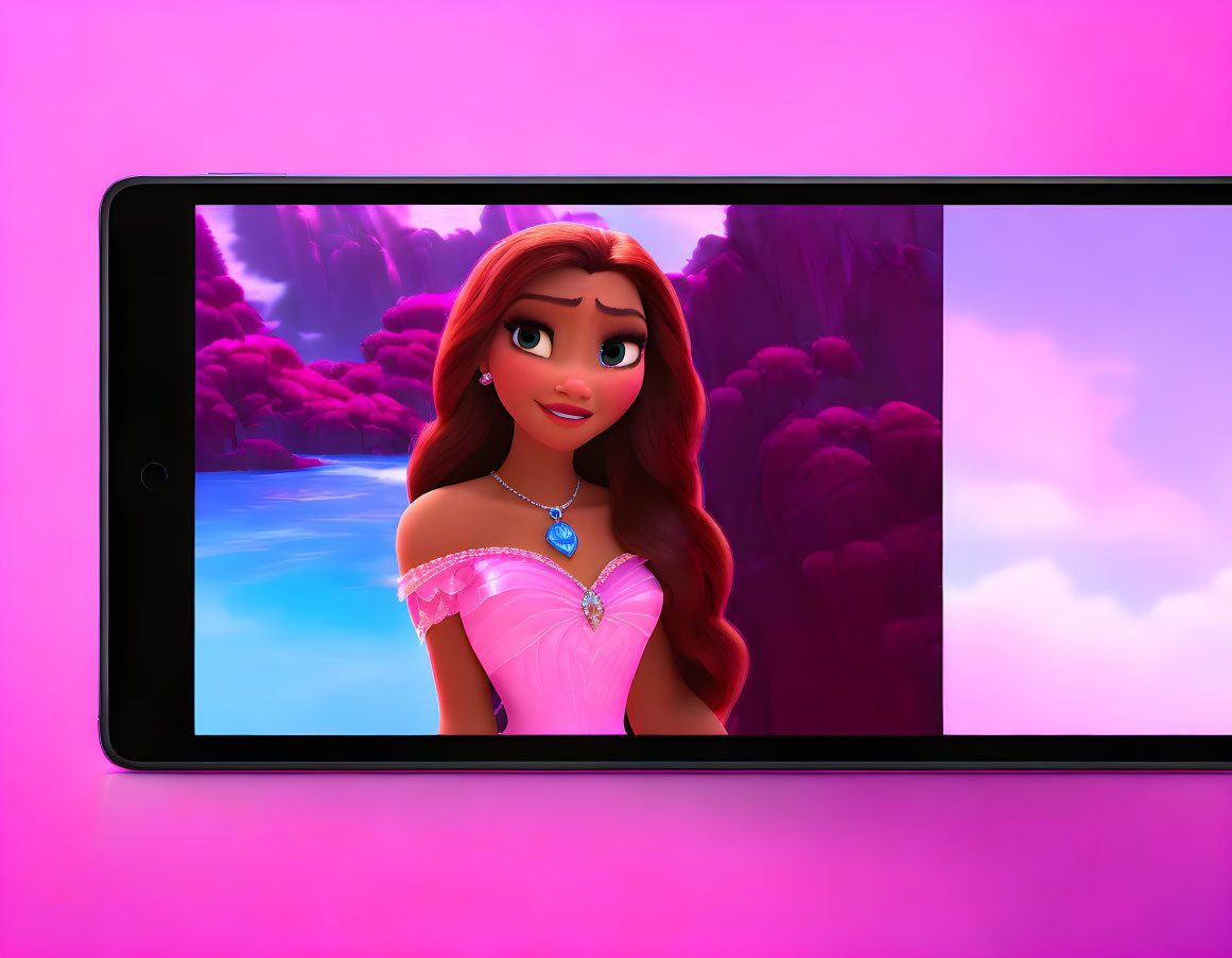 Animated female character with red hair on digital tablet - pink and purple background