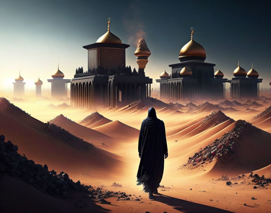 Cloaked figure walking in surreal desert with golden domes