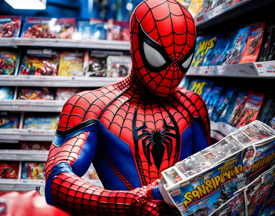 Person in Spider-Man costume browsing comics in colorful store shelves