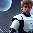 Young male in futuristic armor with blue lightsaber on planet backdrop