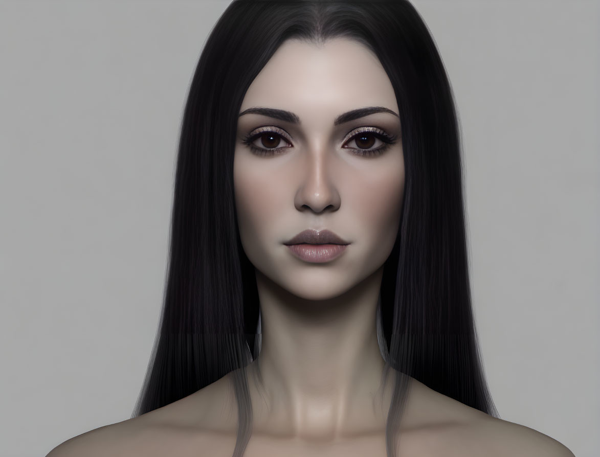 Digital portrait of woman with long black hair, pale skin, and dark eyes on grey background