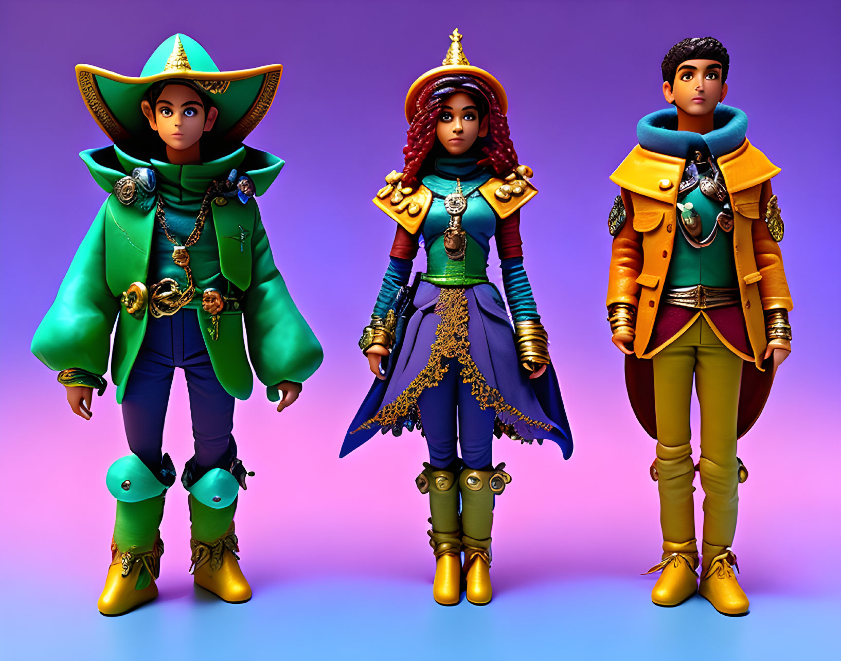 Three computer-generated fantasy characters in vivid costumes against a purple backdrop, showcasing detailed armor and capes.