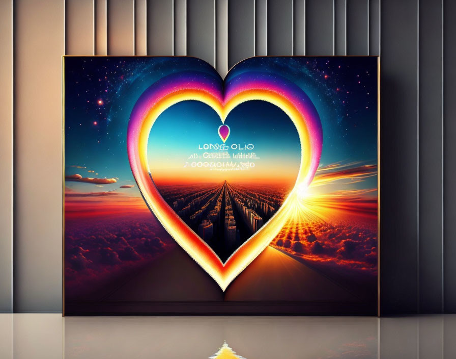 Open book with heart-shaped pages, sunset, clouds, and hot air balloon on wooden background