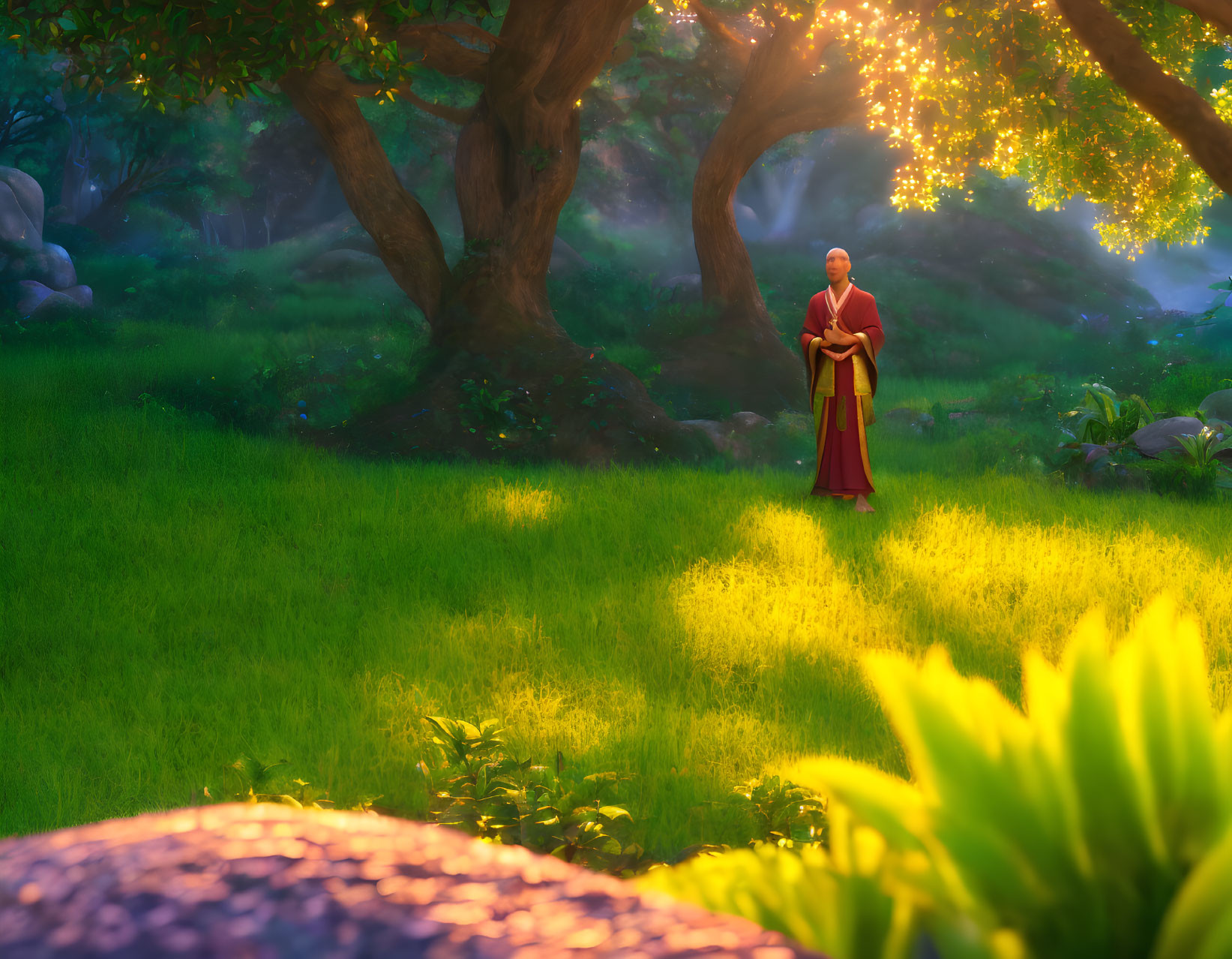 Monk in red and yellow robes in sunlit forest clearing