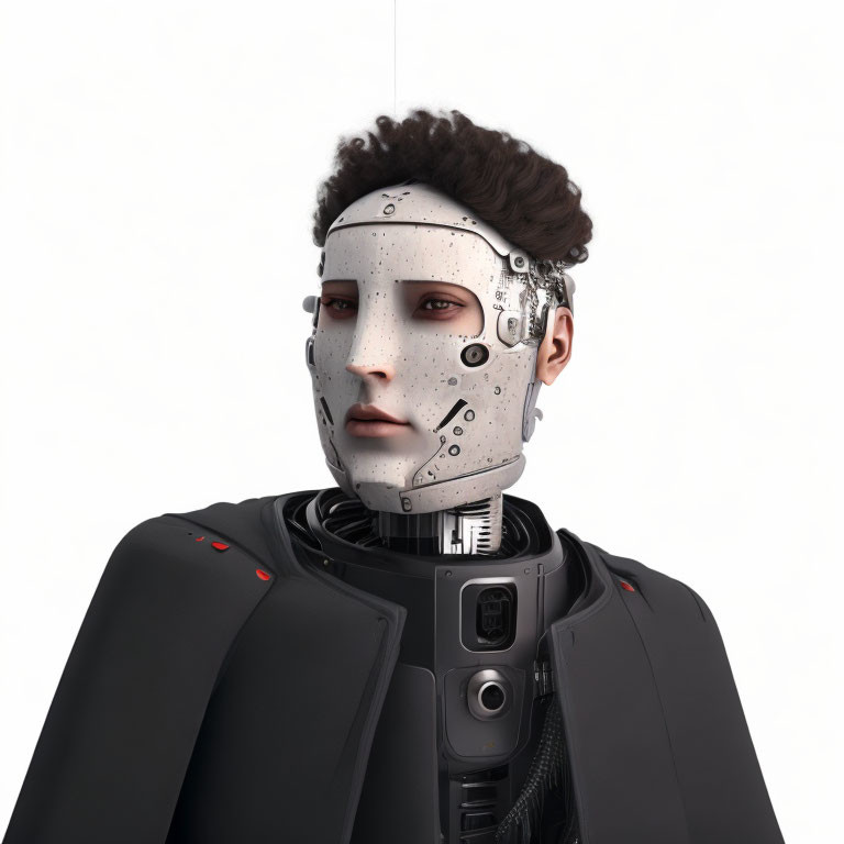 Detailed 3D humanoid robot with exposed mechanical neck and face.