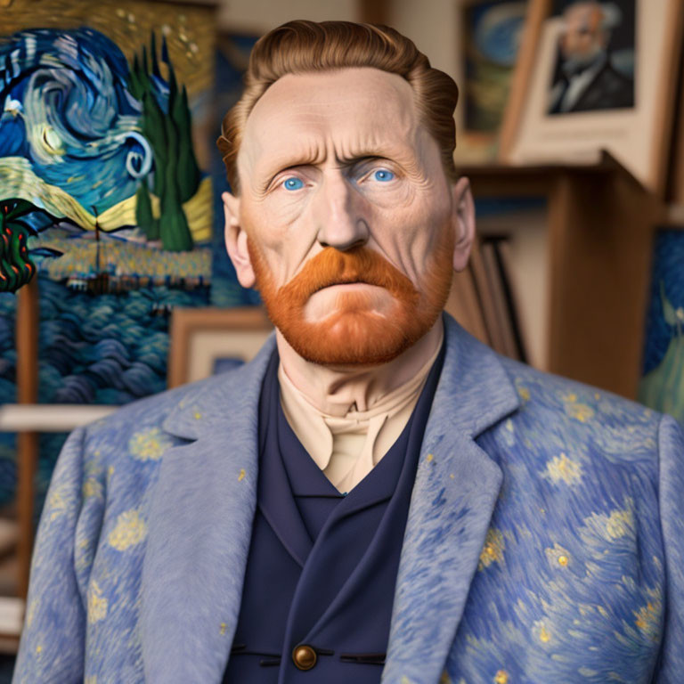 Stylized 3D Vincent Van Gogh depiction in blue star-patterned jacket