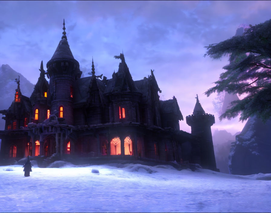 Eerie orange-lit castle at dusk in snowy landscape