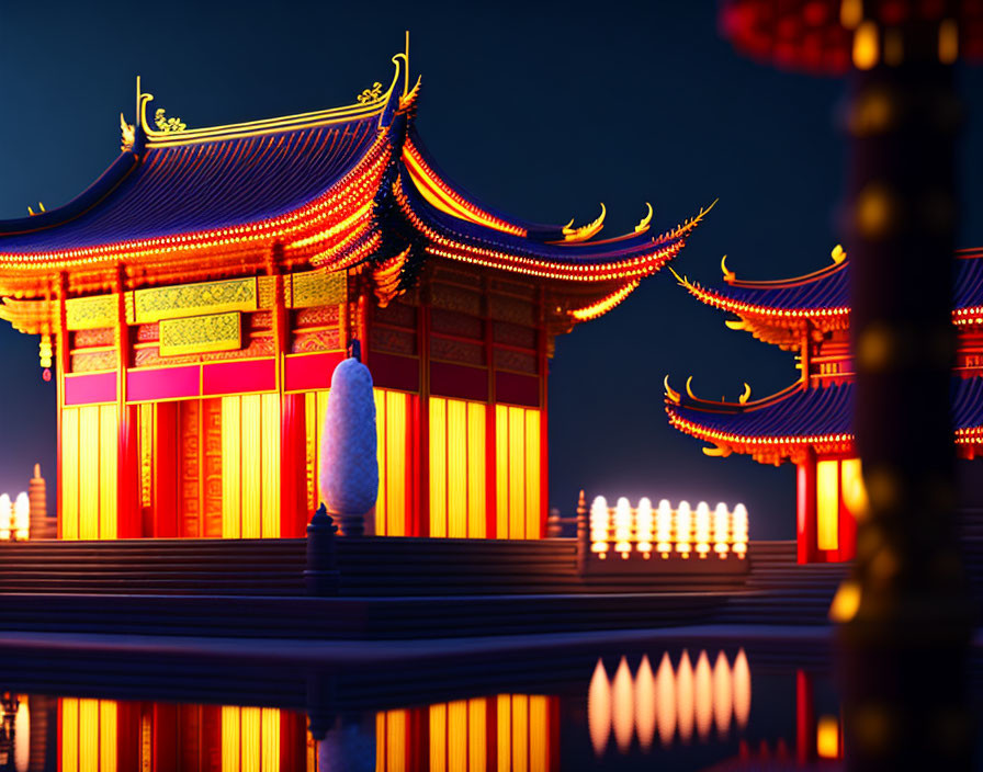 Traditional Asian Pavilion with Golden Detailing at Twilight