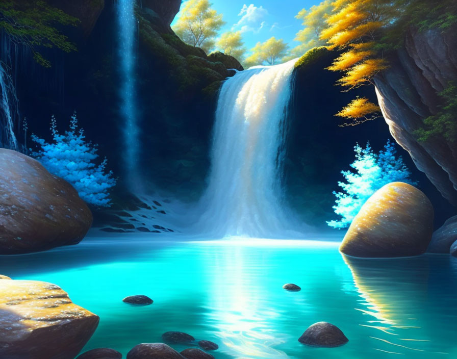 Tranquil waterfall cascading into blue lagoon with cliffs and lush foliage