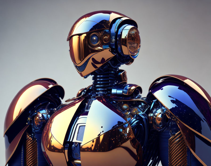 Futuristic robot with gold and blue reflective body and human-like head