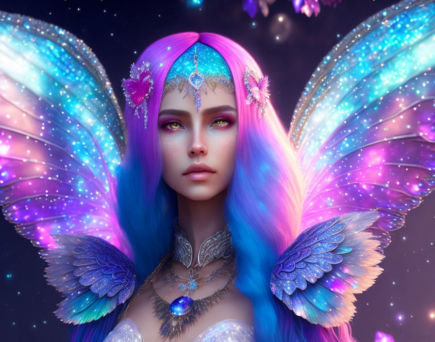 Fantasy image: Woman with purple hair, iridescent wings, and elaborate jewelry