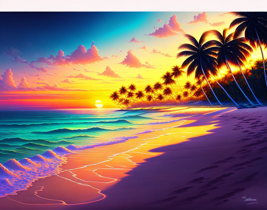 Tropical beach sunset with palm trees and ocean waves