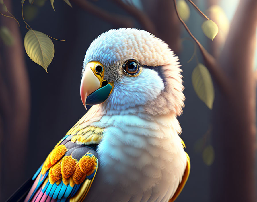 Vibrant blue, yellow, and orange parrot on branch with white face