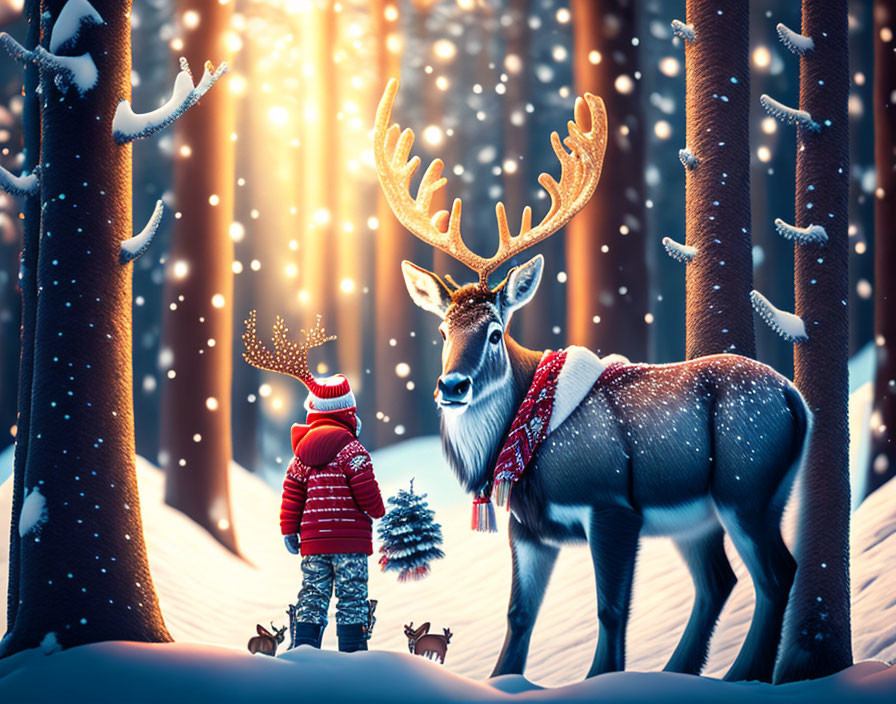 Child in Red Jacket with Majestic Reindeer in Snowy Forest