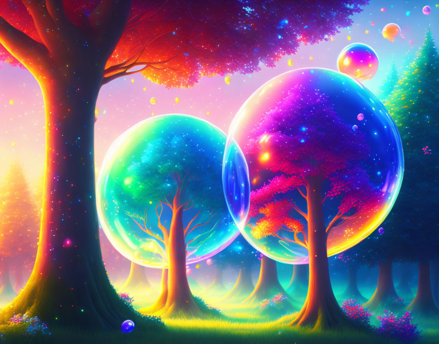 Colorful Fantasy Landscape with Glowing Ethereal Bubbles and Starry Sky