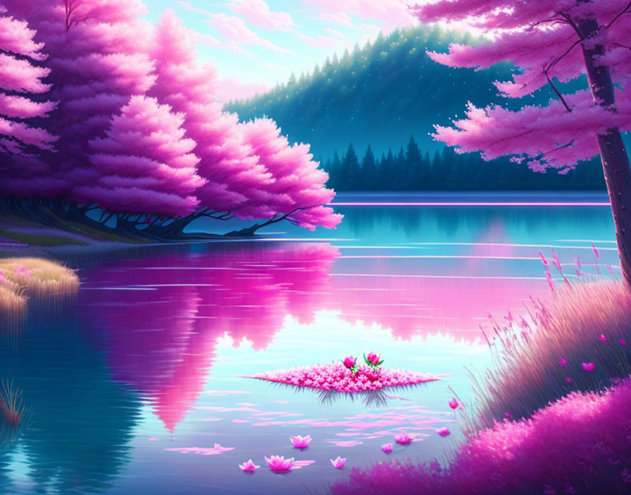 Serene lake with pink cherry blossom trees, mountain backdrop, and water lilies