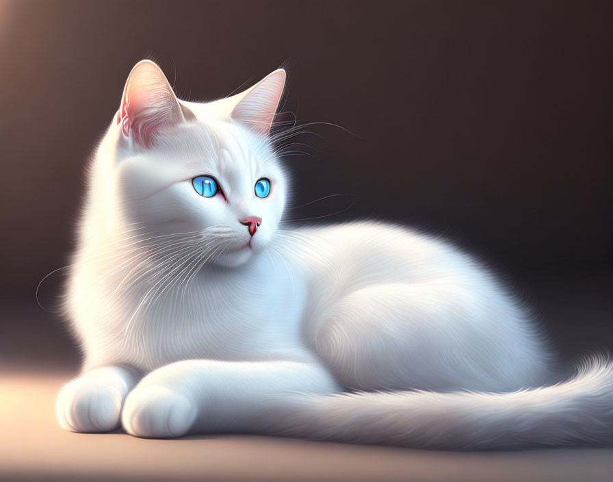 White Cat with Blue Eyes Lying Down on Dark Background