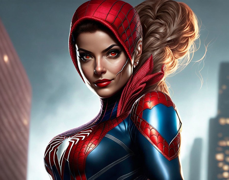 Female superhero digital artwork in red and blue Spider-themed costume with large white eyes.