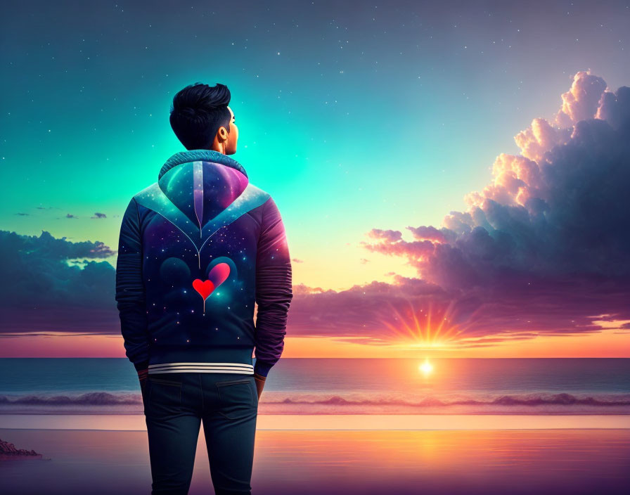 Person in cosmic-themed jacket with heart design gazing at vibrant ocean sunset