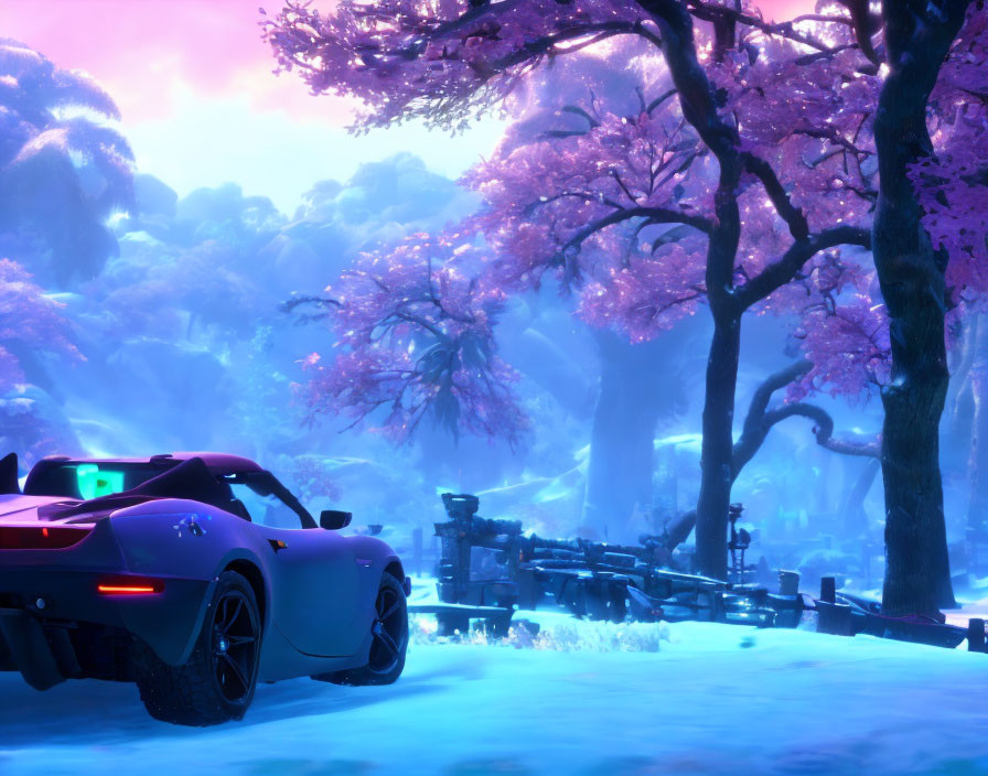 Sports car parked under cherry blossoms in neon-lit snowy dusk