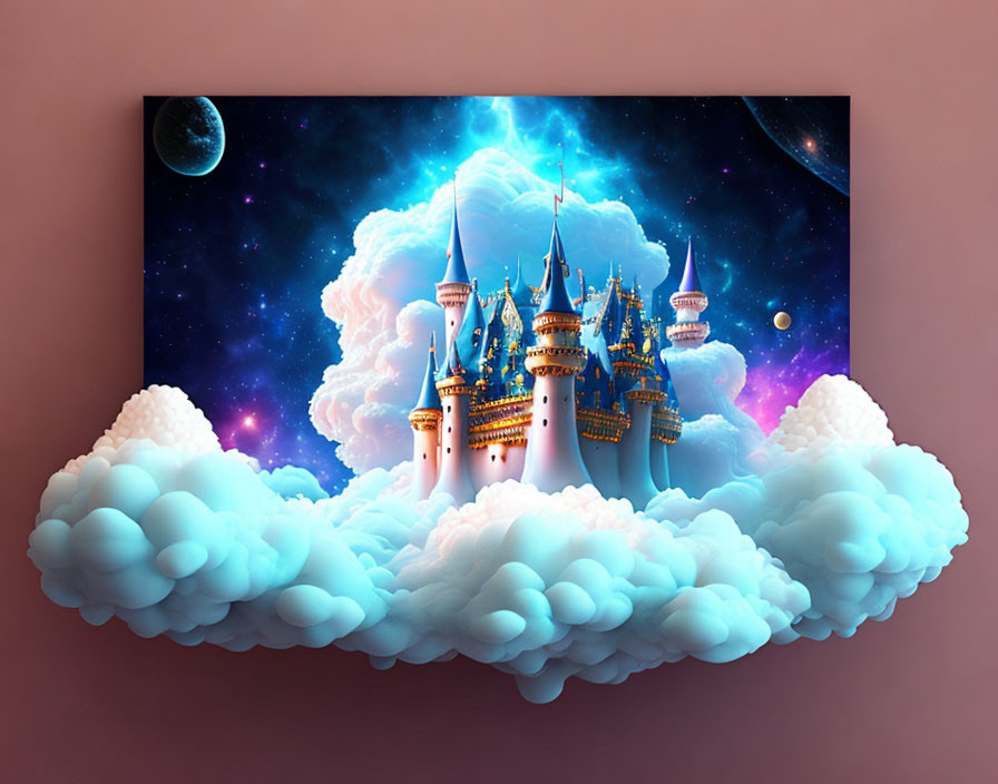 Colorful fantasy castle on clouds with cosmic backdrop