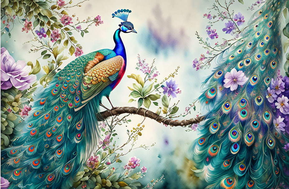 Colorful peacocks on branches with vibrant tail feathers among lush flowers