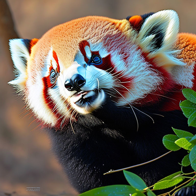 Red panda with rich reddish-brown fur and distinctive facial markings among green leaves.