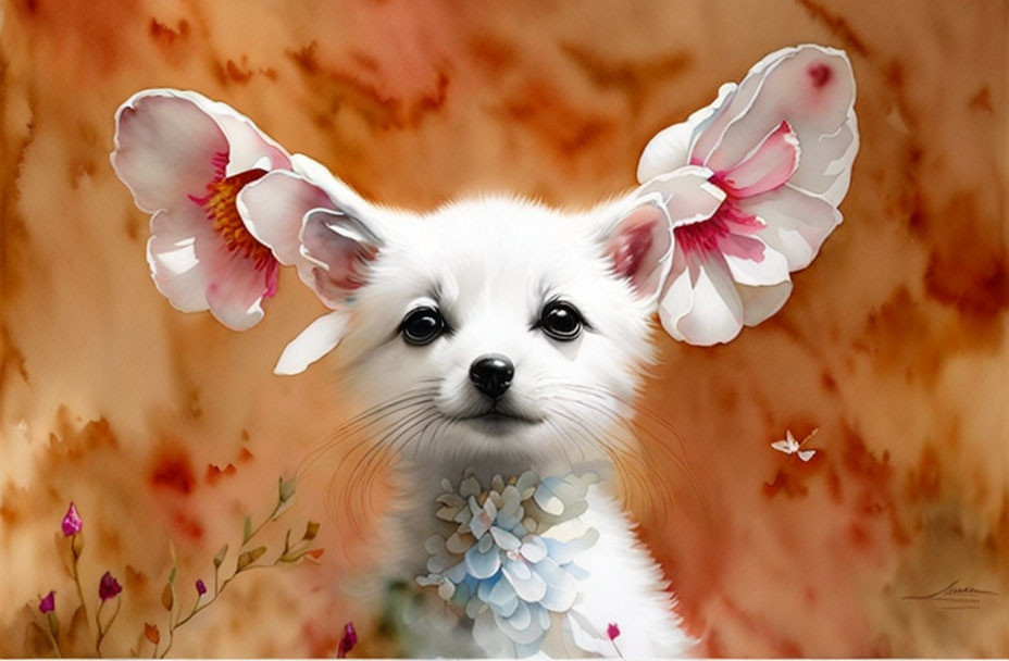 Fluffy white puppy with pink flower ears and blue flower collar, butterfly nearby