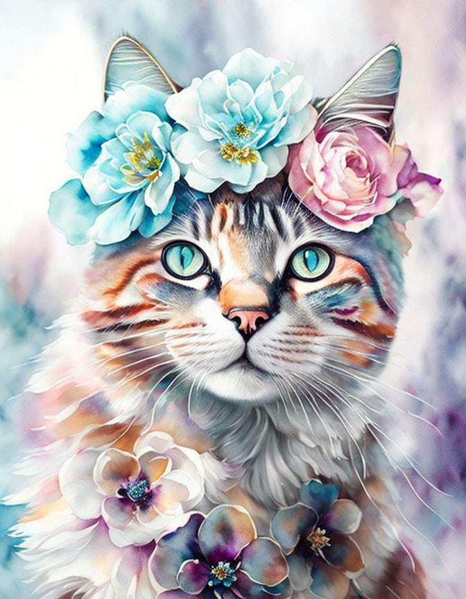 Colorful Cat Artwork with Blue Eyes and Floral Crown