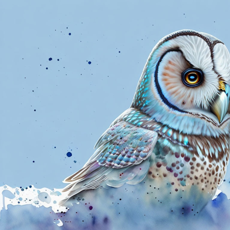 Vibrant owl illustration with intricate patterns and watercolor splashes