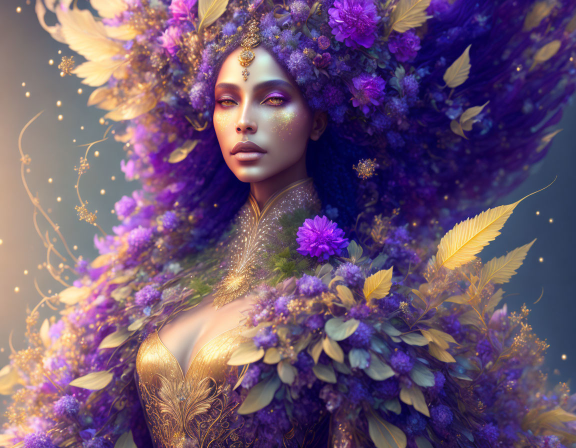 Digital artwork featuring woman with purple floral adornment & golden accents.