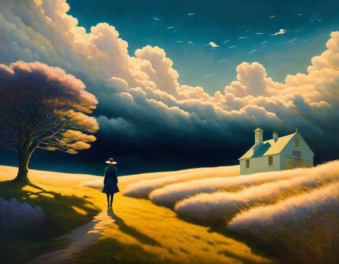 Person on Path in Surreal Golden Field with Dramatic Sky