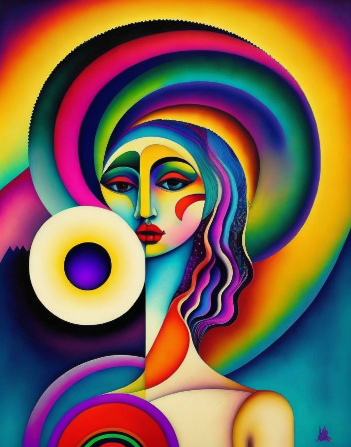 Colorful abstract portrait with concentric circles and geometric pattern.