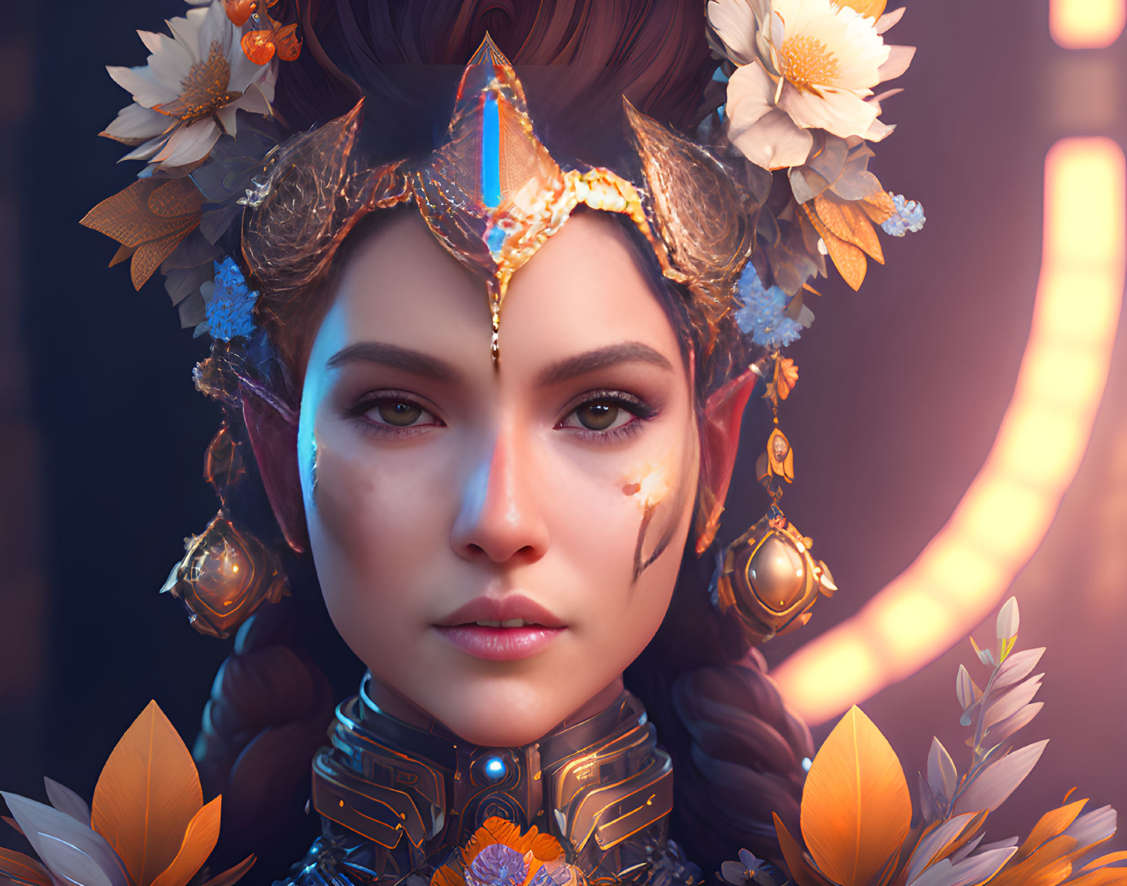 Woman with ornate gold and blue headgear and crescent moon in digital artwork