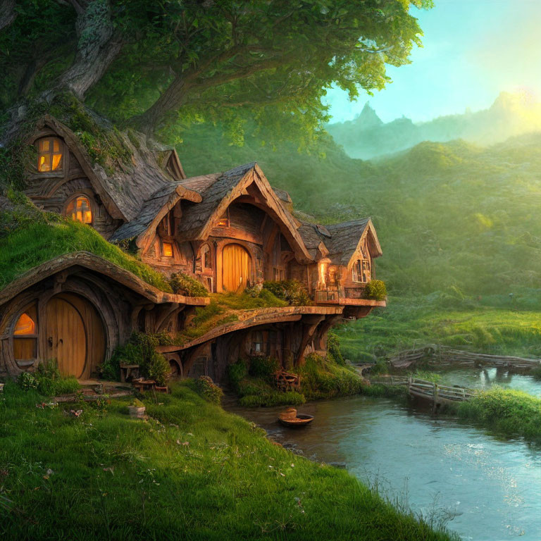 Cozy hobbit-style houses by river in lush greenery