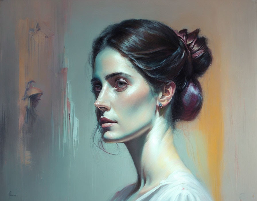 Dark-haired woman in bun gazes thoughtfully in oil painting