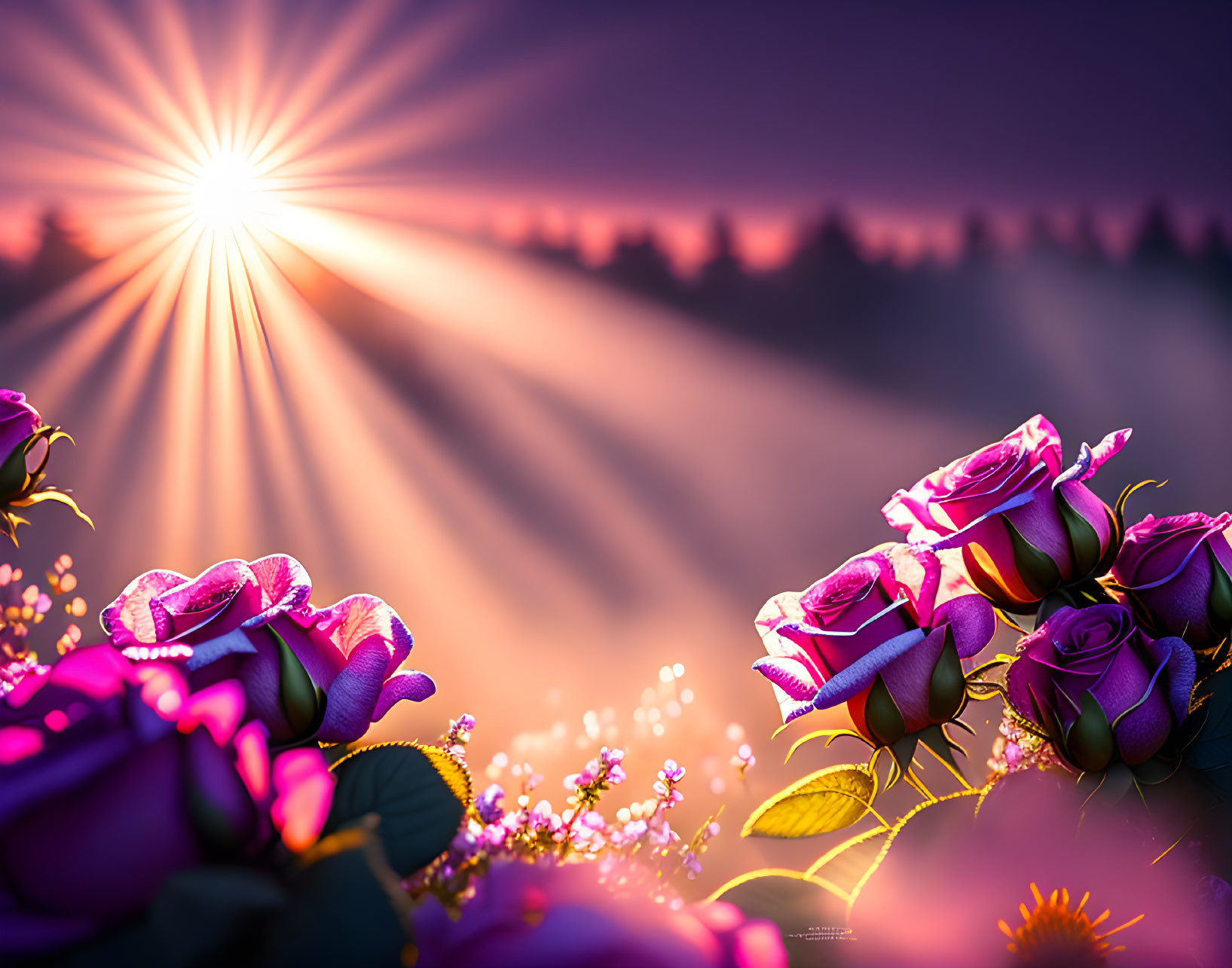 Purple roses with sun rays in background.