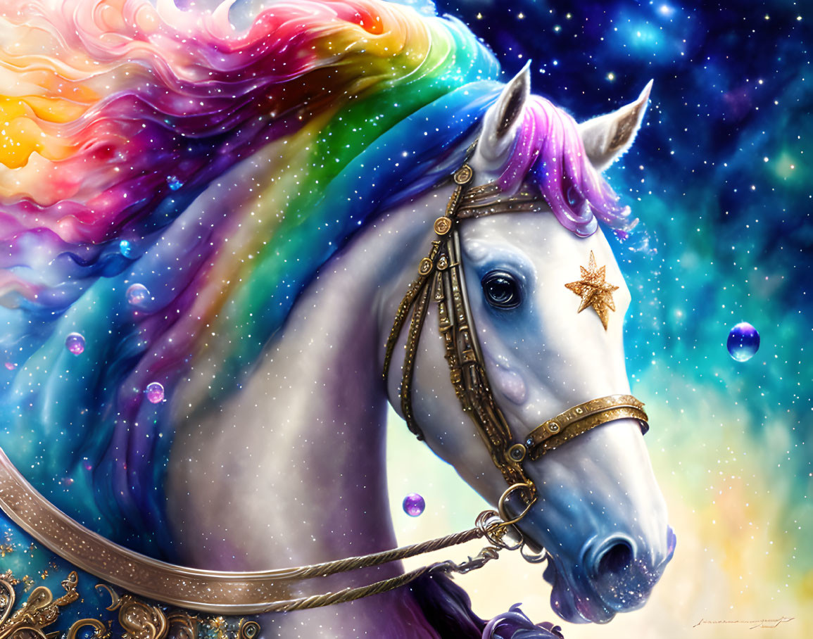 Majestic horse with purple to rainbow mane in starry setting