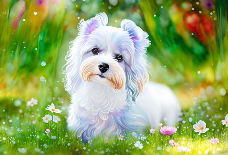 Fluffy White Dog in Whimsical Garden Scene