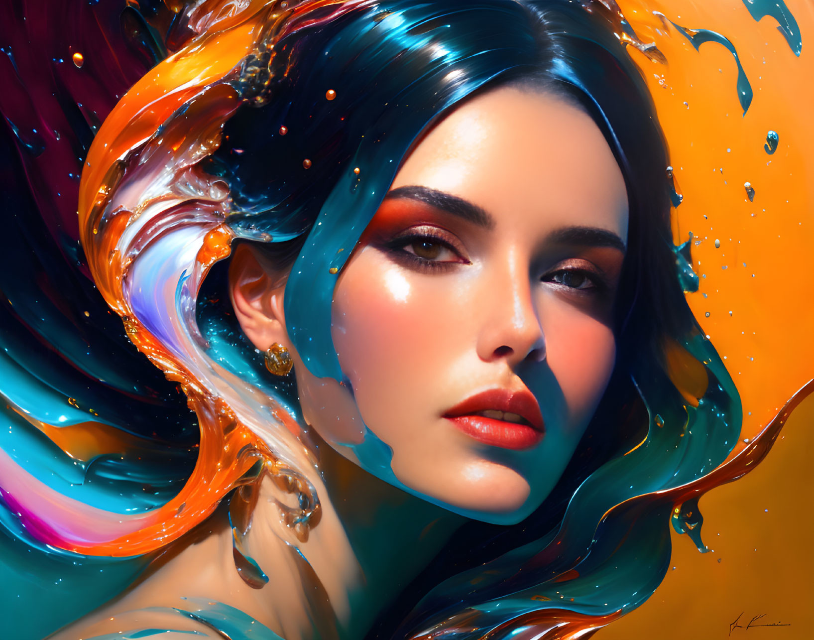 Colorful digital portrait of a woman with vibrant, swirling hair on golden backdrop