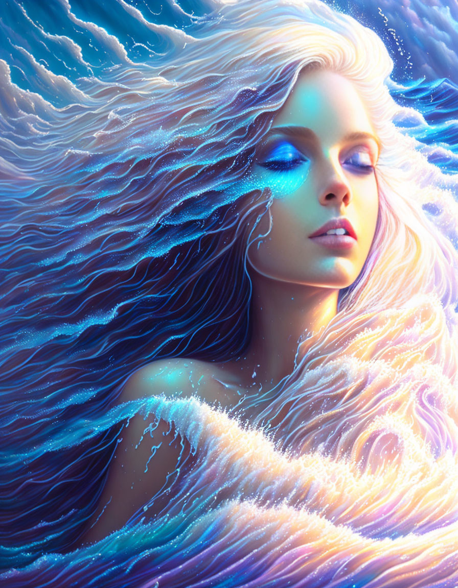 Digital portrait of a woman with flowing hair in blue and white hues evoking a mystical oceanic theme